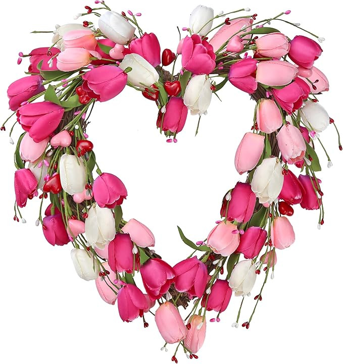 Sggvecsy 19in Heart Shaped Pink & White Tulip Wreath for Valentine's Day, Wedding & More | Amazon (US)