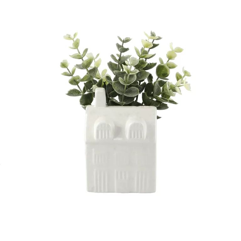 Mainstays 3" Tabletop Artificial Baby Eucalyptus in Ceramic House Planter, White | Walmart (US)