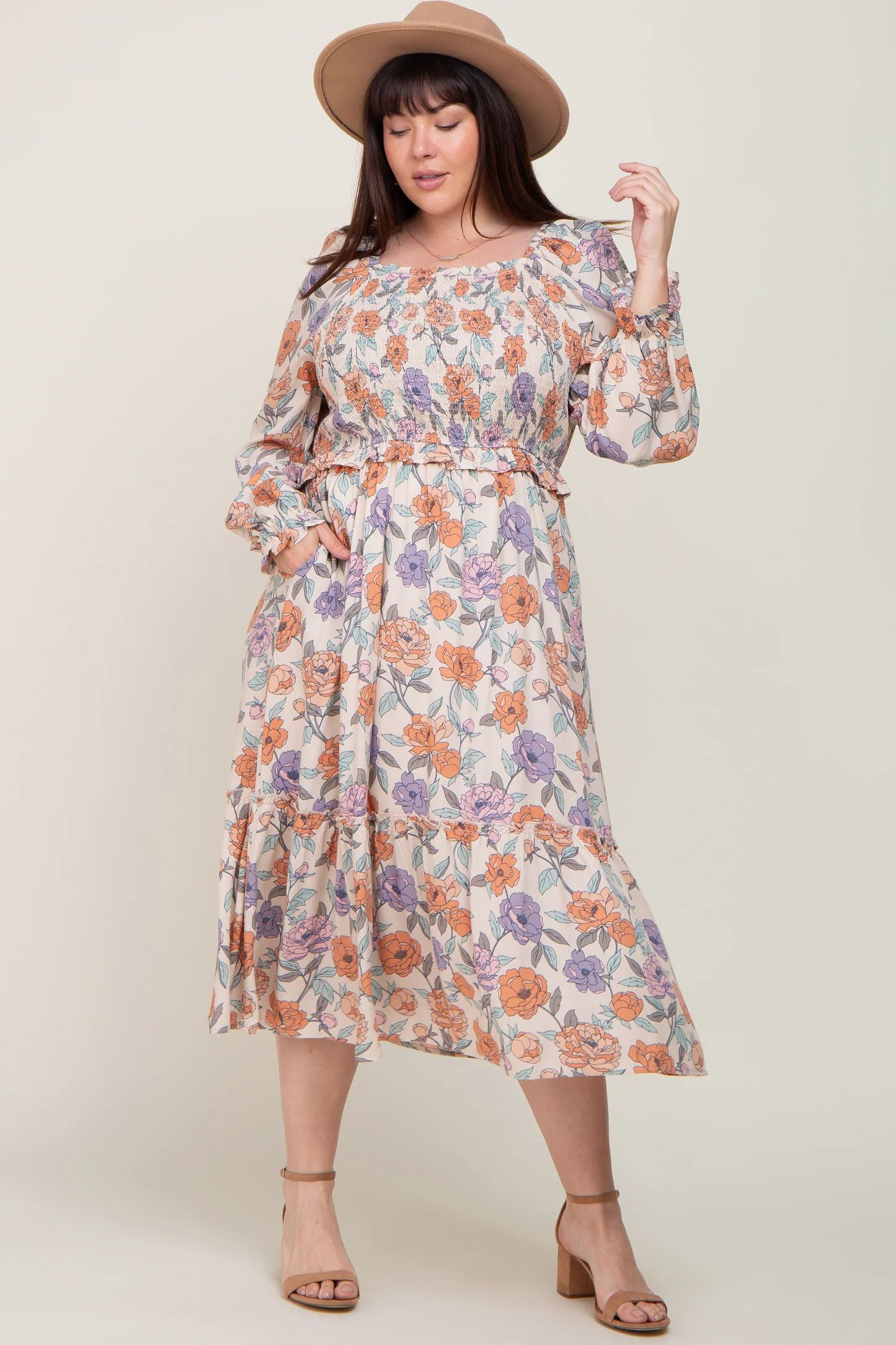 Taupe Multi-Color Floral Plus Midi Dress | PinkBlush Maternity