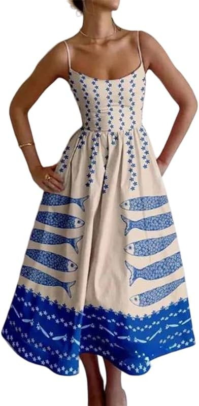 Women's Graphic Print Midi Dress Spaghetti Strap Sweetheart Neck A-Line Casual Summer Vacation Dr... | Amazon (US)