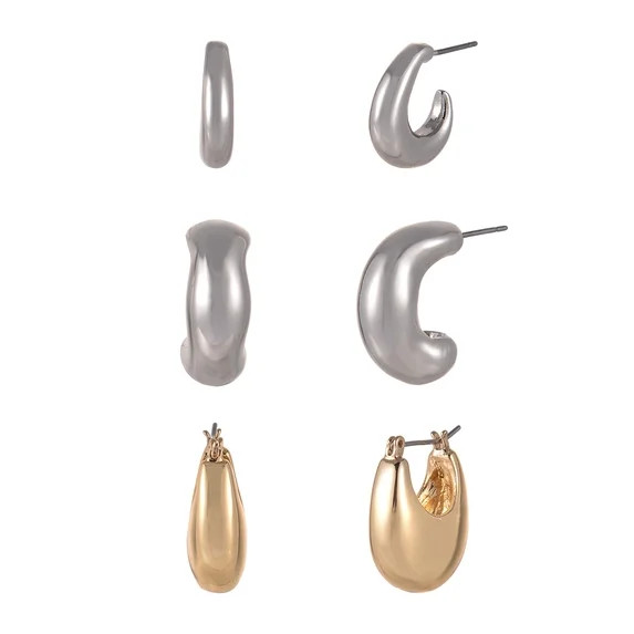 Time and Tru Goldtone and Silvertone 3-On Thick Deep Hoops and C-Hoop Earring Set | Walmart (US)