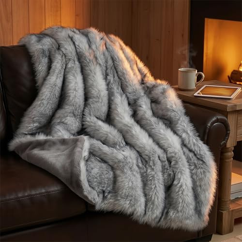 Hyde Lane Long Pile Faux Fur Throw Blanket, Luxury Fluffy with Black Tipped Throws for Home Couch Sofa Decor, Fuzzy Plush Blankets for Women, Direwolf (50x60) | Amazon (US)