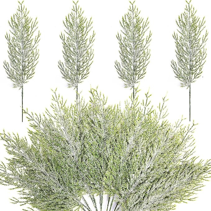 Alpurple 30 Pcs Christmas Snow Frosted Pine Branches- 13.5" Snowy Artificial Pine Needles Branche... | Amazon (US)