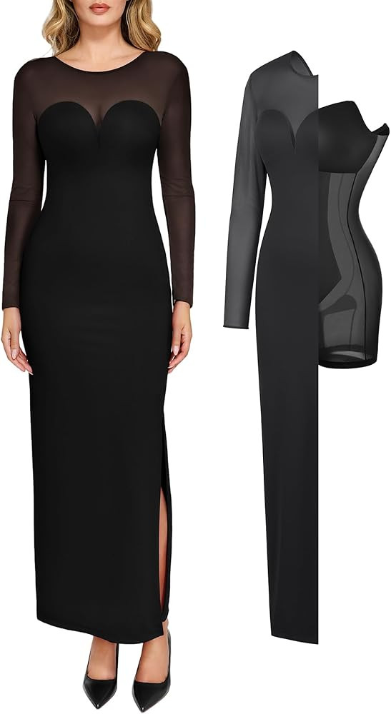 Popilush Long Sleeve Prom Maxi Dress for Women Mesh Shapewear Bodycon Dress Fall Tight Fitted Party Wedding Long Dresses | Amazon (US)