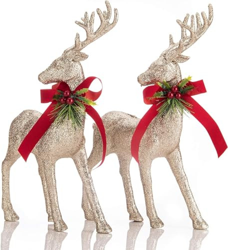 GEDLIRE Christmas Reindeer Figurine Decorations 2 Pcs, 12.6” Holiday Standing Deer Statues with Red Bow, Glitter Gold Christmas Elk Ornaments for Dinner Tabletop Centerpiece Home Decor, Champange Gold | Amazon (US)
