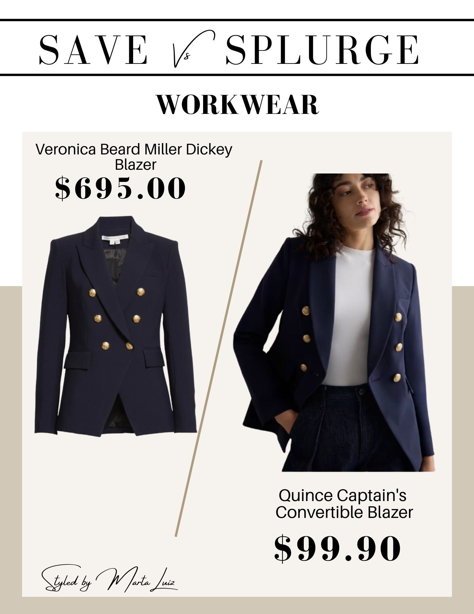 Save vs Splurge Workwear 
Veronica Beard Miller Dickey Blazer
Quince Luxe for less captain’s convertible blazer 

#LTKWorkwear #LTKFindsUnder100 #LTKSeasonal