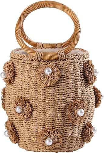 Pearl Flower Straw Woven Tote Bag Summer Beach Rattan Handle Bucket Bag Straw Purses and Handbags... | Amazon (US)