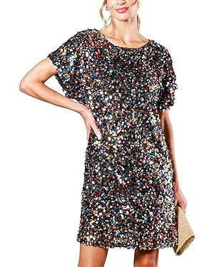 Women's Crewneck Sequin Shift Dress Short Sleeve Casual Holiday Sparkly Party Dress | Amazon (US)