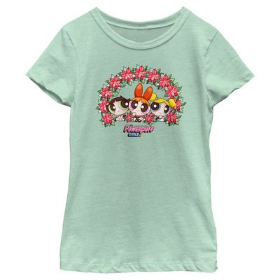 Girl's The Powerpuff Girls Christmas Poinsettia Wreath T-Shirt - Mint - X Small | Target