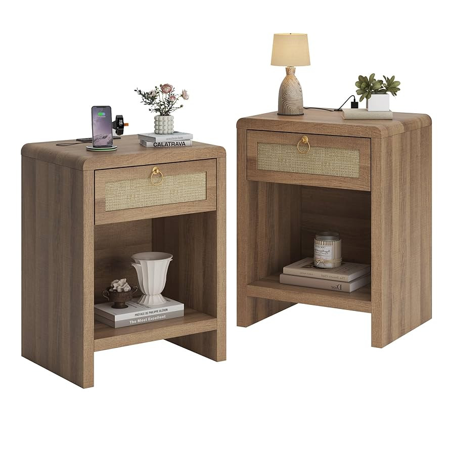 Rattan Nightstand Set of 2, Nightstand with Charging Station, Boho Bedside Table End Table with D... | Amazon (US)