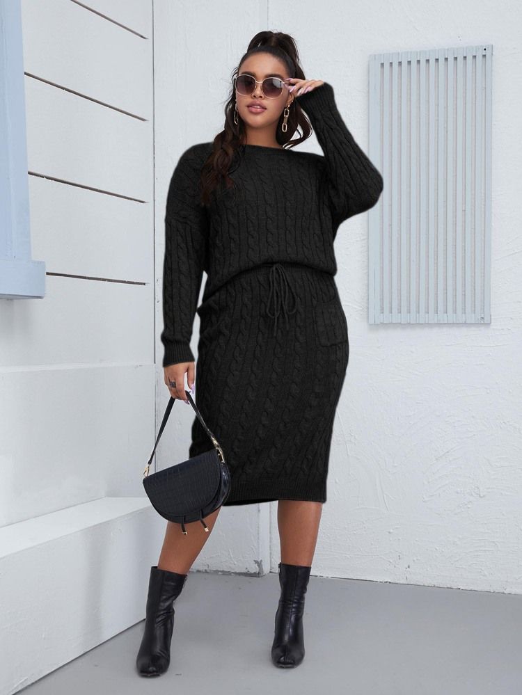 Plus Cable Knit Sweater & Drawstring Knit Skirt | SHEIN
