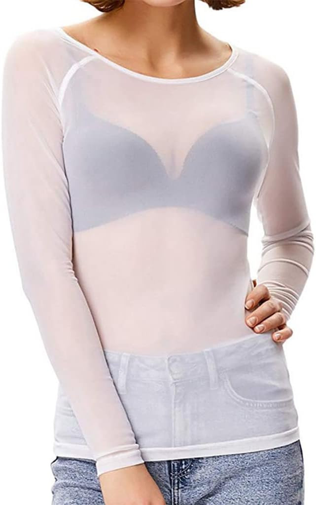 Women's Mesh Tops Basic Long Sleeve Mesh Top Sheer See Through Blouse T Shirts Clubwear | Amazon (US)