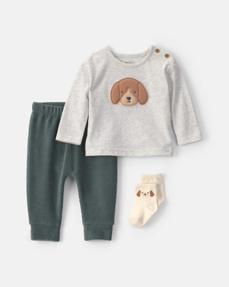 Baby Boy 3-Piece Dog Long-Sleeve Top & Pant Set - Green/Grey | Carter's | Carter's Inc