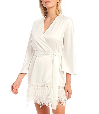 Rya Collection Swan Charmeuse Ostrich Feather Trim Hem 34 Sleeve Robe - M/L | Dillard's