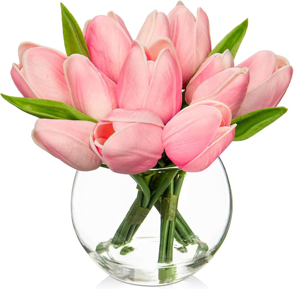 DILATATA Artificial Pink Tulips in Vase with Faux Water 6" Real Touch Flowers Fake Tulips Small F... | Amazon (US)