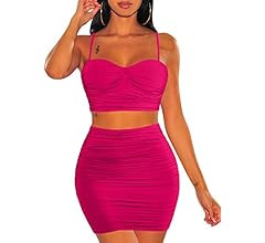 BEAGIMEG Women's Spaghetti Strap Sexy Top Bodycon Skirt Ruched 2 Piece Mini Dress | Amazon (US)