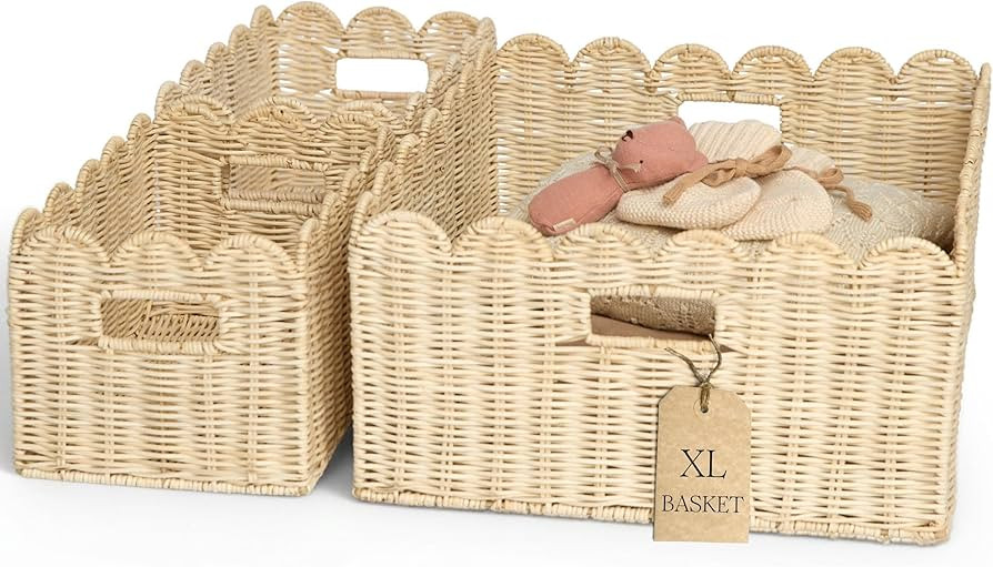 BEBE BASK Handwoven Scalloped Wicker Basket \u2013 Rattan Scalloped Basket Set of 3 (17 \u00d7 13... | Amazon (US)
