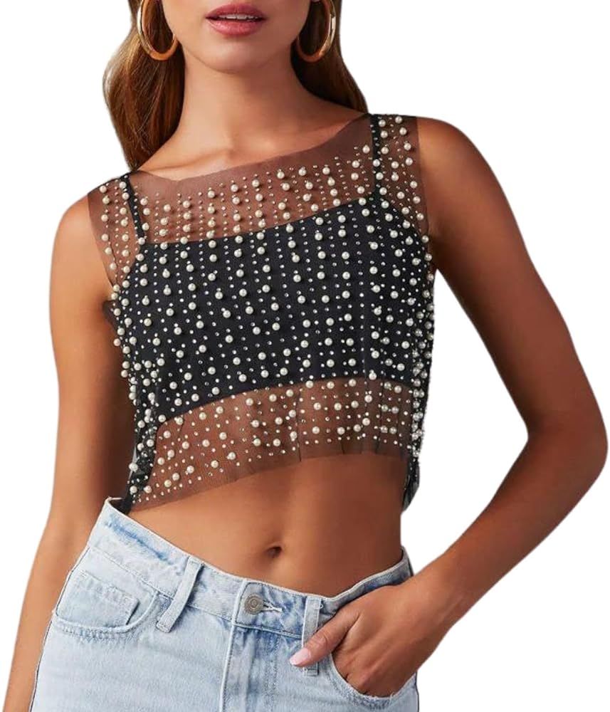 Women Pearl Beaded Sheer Mesh Crop Top Sleeveless Crew Neck See Through Shiny Rhinestone Slim Fit... | Amazon (US)