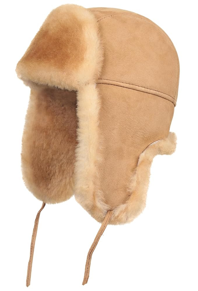 Leather Aviator Shearling Ushanka Trapper Hat Russian Sheepskin Cap Real Fur Winter Hat with Ear ... | Amazon (US)