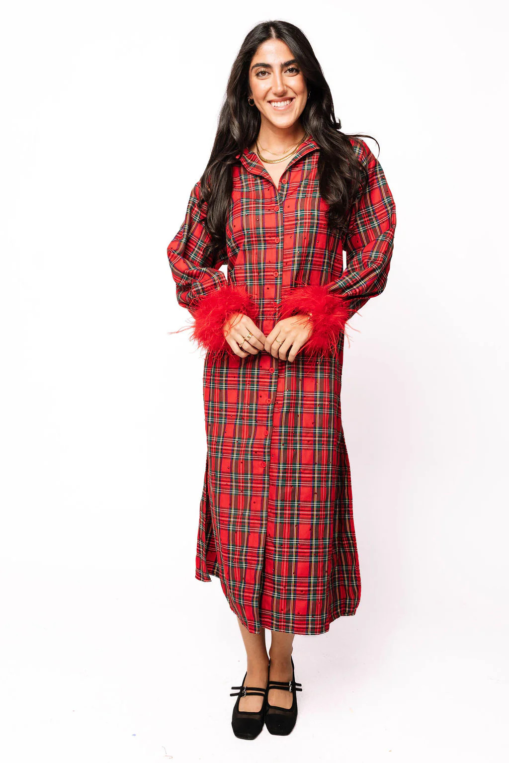Red & Green Plaid Feather Sleeve Button Up Midi Dress | Queen of Sparkles