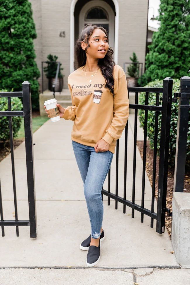 I Need My Coffee Graphic Gold Sweatshirt | The Pink Lily Boutique