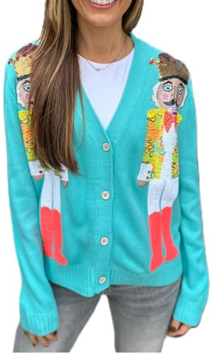 Ugly Christmas Tin Soldier Knitted Sweater Top Long Sleeve Button UP Sequin Nutcracker Cardigan Open Front Sweaters for Women | Amazon (US)