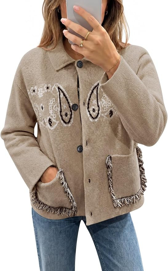 Saodimallsu Womens Boho Cardigan Fringe Paisley Fall Sweater with Pockets | Amazon (US)