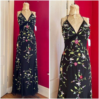 Vintage Y2K Deadstock Black Silk Chiffon Floral Embroidered Beaded Prom Dress L | eBay | eBay US