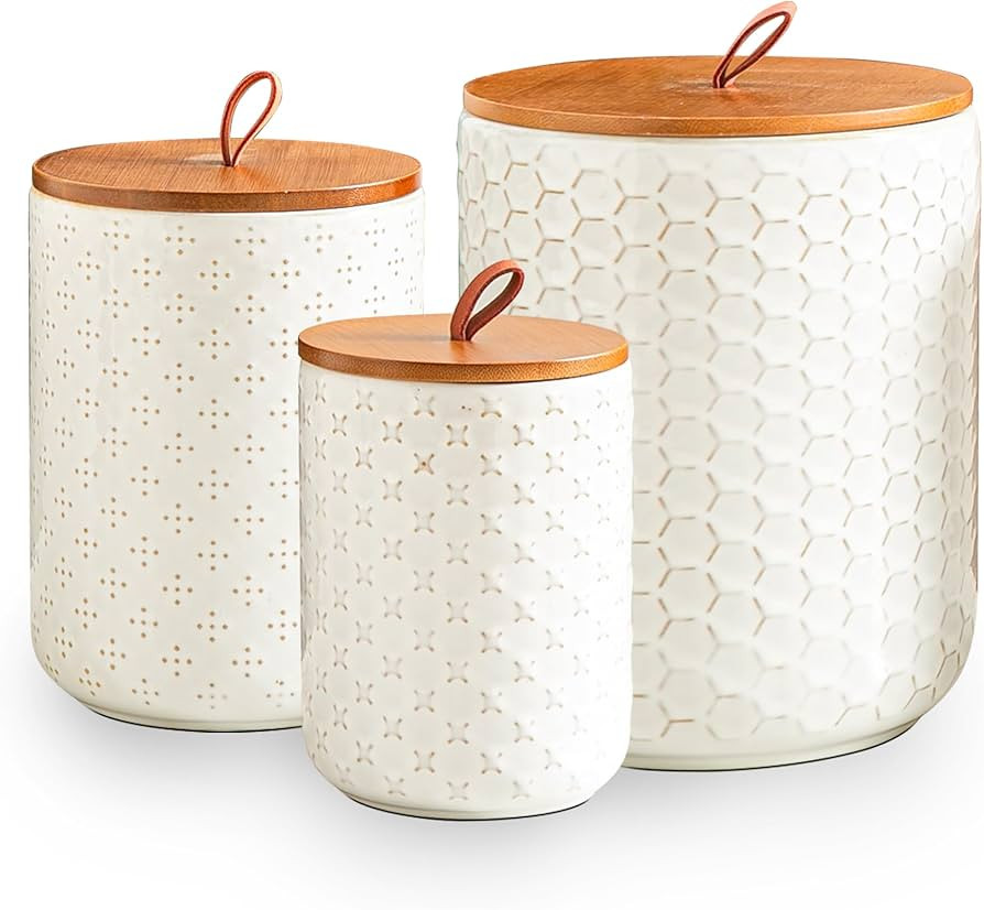 JOJUNO White Ceramic Canister Set with Wooden Lids – 3-Piece Airtight Food Storage Jars for Kit... | Amazon (US)