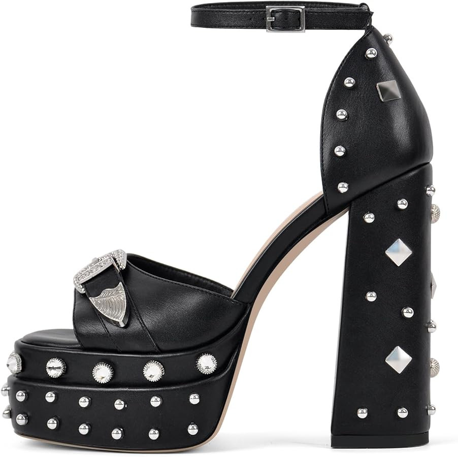 sexytag Women’s Platform High Heel Sandals Rivet Studded Western Buckle Ankle Strap Rhinestone ... | Amazon (US)