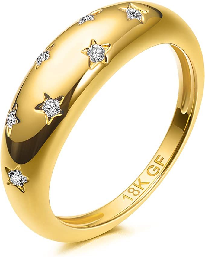 18K Gold Plated 7 Cubic Zirconia Inlayed Star Shiny Dome Ring Statement Ring | Amazon (US)