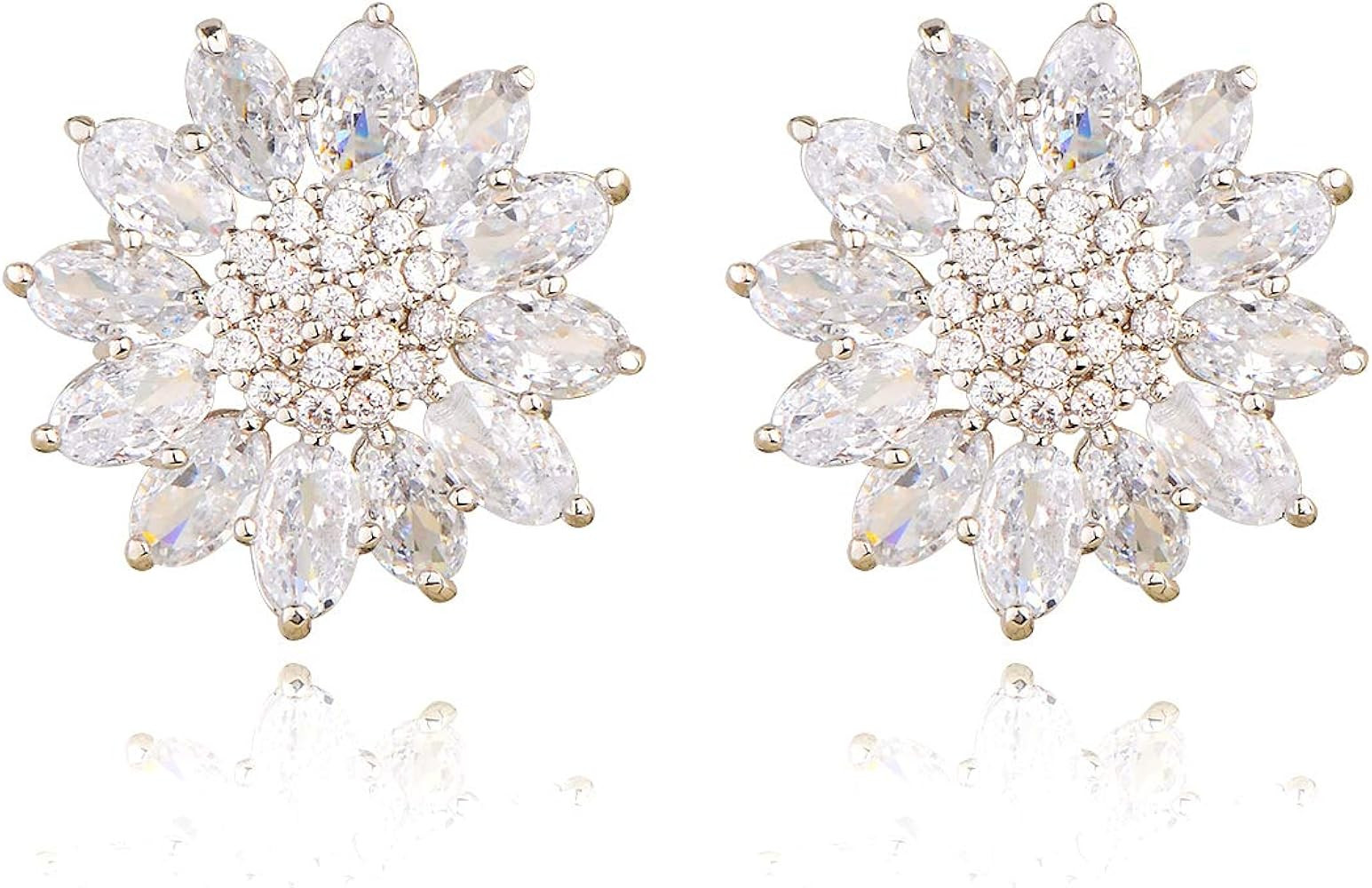 Crystal Flower Burst Stud Earirings - Big Sterling Silver CZ Cubic Zirconia Rhinestone Daisy Sunf... | Amazon (US)