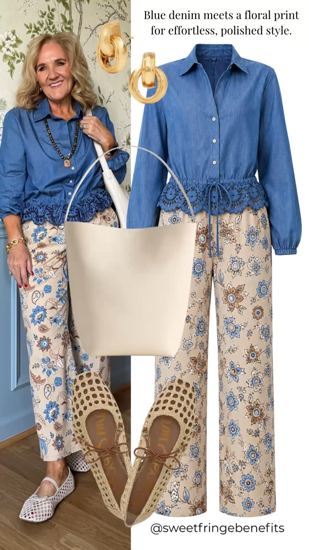 Blue denim and a pretty floral print make this outfit feel fresh and polished. The lace-trimmed blouse adds feminine detail, while the wide-leg pants keep the look comfortable and easy.

💡 LTK MADE EASY
❤️ Heart = Support my posts!
🔖 Save = Get sale & restock alerts
📋 Lists = Keep favorites organized
📲 Share = Send lists and products to a friend. Hello, Christmas Lis

#LTKootd #LTKgrwm #LTKdayinmylife