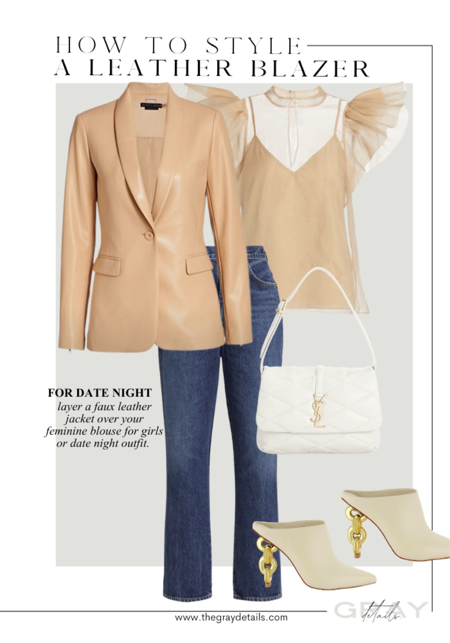 How to style a tan leather blazer for date night!

Agolde jeans
Feminine organza blouse 
Mules

#LTKshoecrush #LTKstyletip #LTKSeasonal
