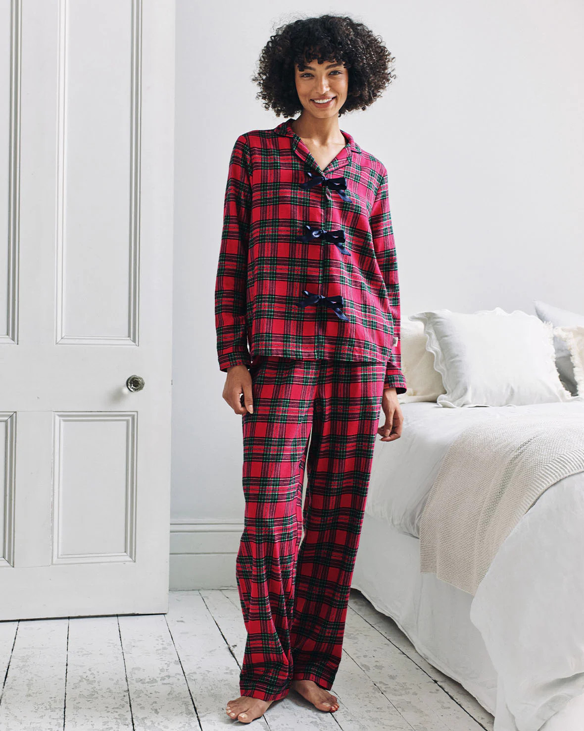 Organic Cotton Tartan Check Tie Front Long Pyjama Set | Chelsea Peers NYC