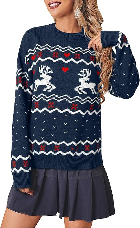 Miessial Women's Knitted Christmas Pattern Sweater Comfy Crewneck Long Sleeve Pullover Sweater | Amazon (US)