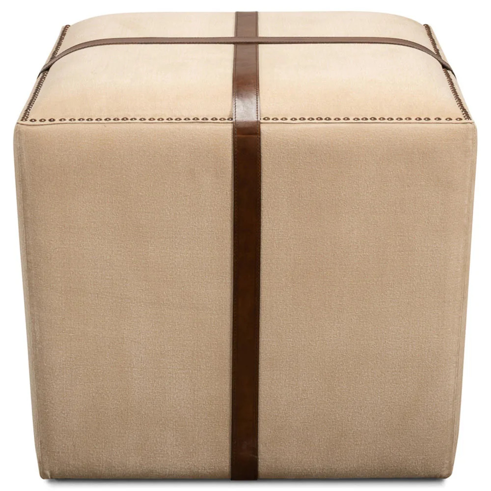 Stetson French Country Beige Upholstered Brown Leather Strap Nailhead Trim Stool | Kathy Kuo Home