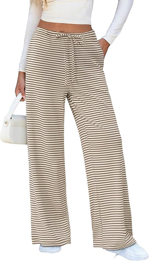 Zwurew Women's Striped Wide Leg Pants Drawstring Elastic Waist Knit Baggy Sweatpants with Pockets | Amazon (US)