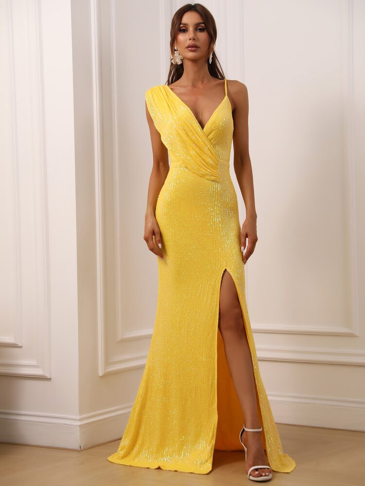 Asymmetrical Neck Ruched Front Split Thigh Sequin Dress | SHEIN