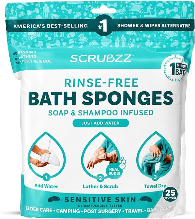Scrubzz Disposable No Rinse Bathing Wipes for Senstive Skin - 25 Pack - All-in-1 Single Use Shower Wipes, Simply Dampen, Lather, and Dry Without Shampoo or Rinsing (Sensitive Skin, 1-Pack) | Amazon (US)