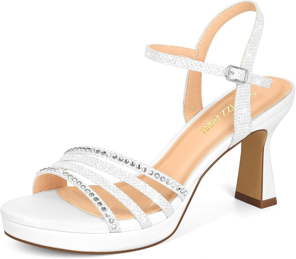 PIZZ ANNU Lena Women's Platform Heels High Block Chunky Sparkly Rhinestone Open Toe Ankle Strap F... | Amazon (US)