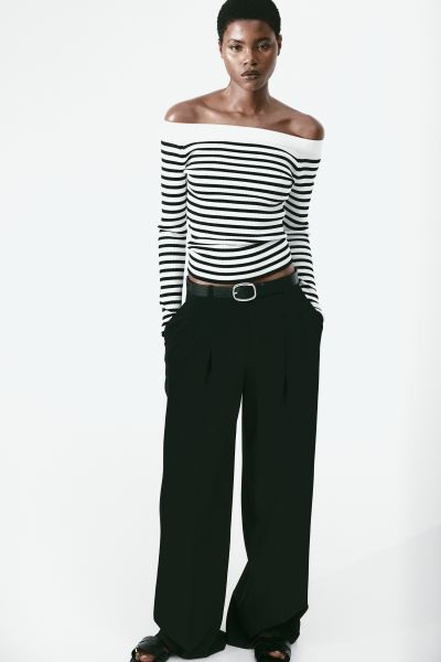 Rib-knit Off-the-shoulder Top - White/black striped - Ladies | H&M US | H&M (US + CA)