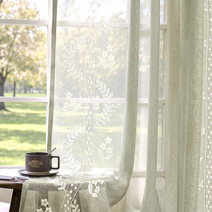 jinchan Belrose Sage Green Floral Sheer Curtains for Bedroom 63 Inch Long Voile Embroidered Farmh... | Amazon (US)