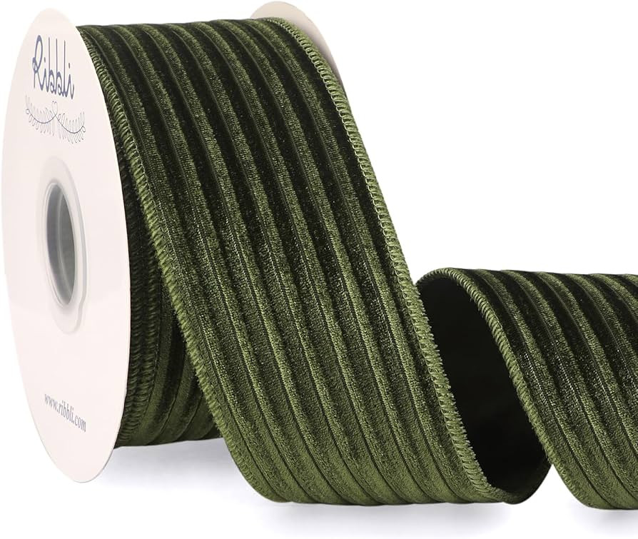 Ribbli Glossy Moss Green Velvet Wired Ribbon 2.5 Inch Striped Velvet Christmas Ribbon for Gift Wr... | Amazon (US)