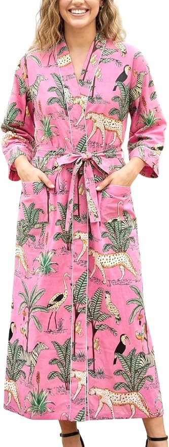 SARJANA Women's Cotton Printed Kimono Cardigan Tie Front Robe Swimwear Bathing Suit Cover Ups FRE... | Amazon (US)