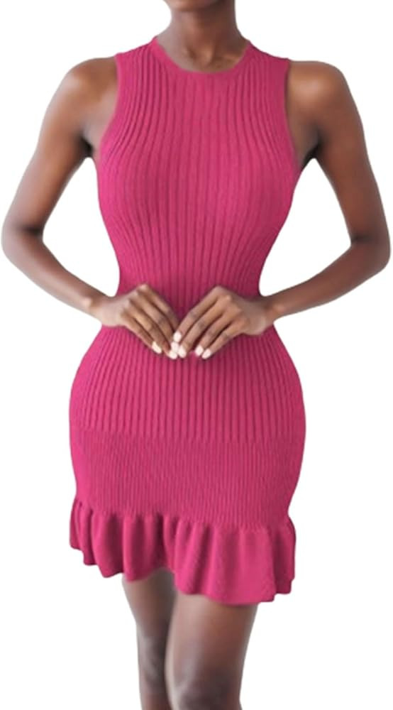 Womens Ribbed Knit Sleeveless Ruffle Hem Mini Bodycon Summer Vacation Sweater Dress Ruched Tank M... | Amazon (US)