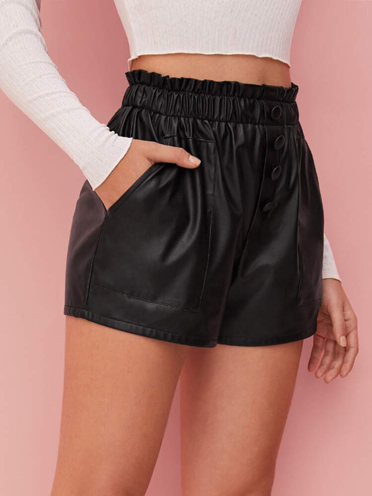 SHEIN EZwear Paperbag Waist Button Detail Faux Leather Shorts | SHEIN