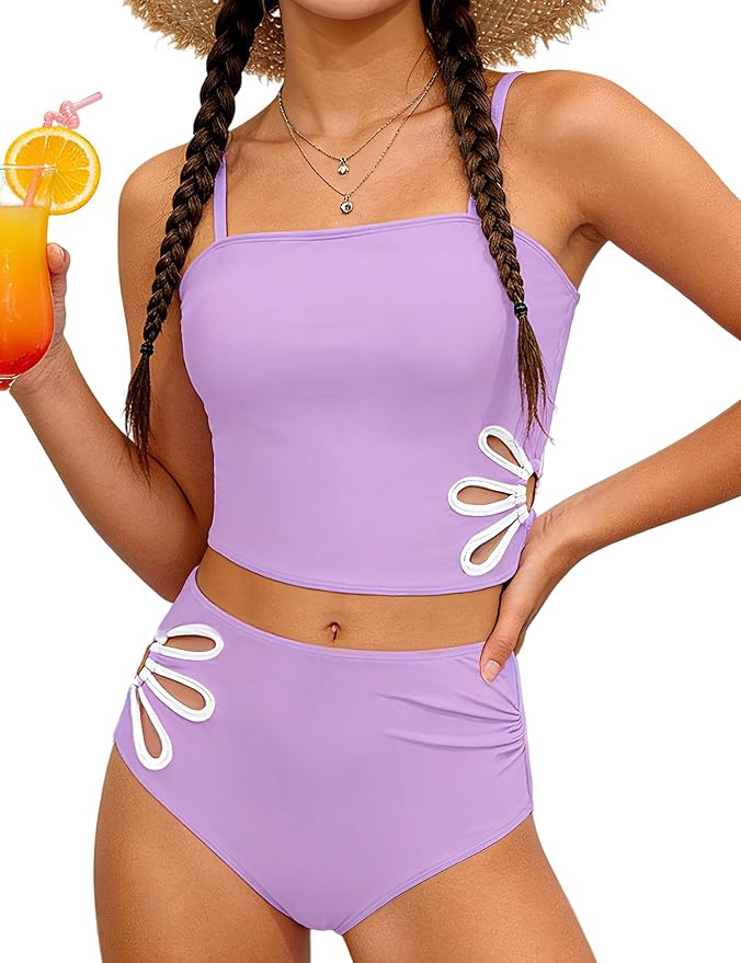 Girls Swimsuit Adjustable Straps Cut Out Swimwear 2 Piece Solid Color Tankini for Girls Bathing S... | Amazon (US)