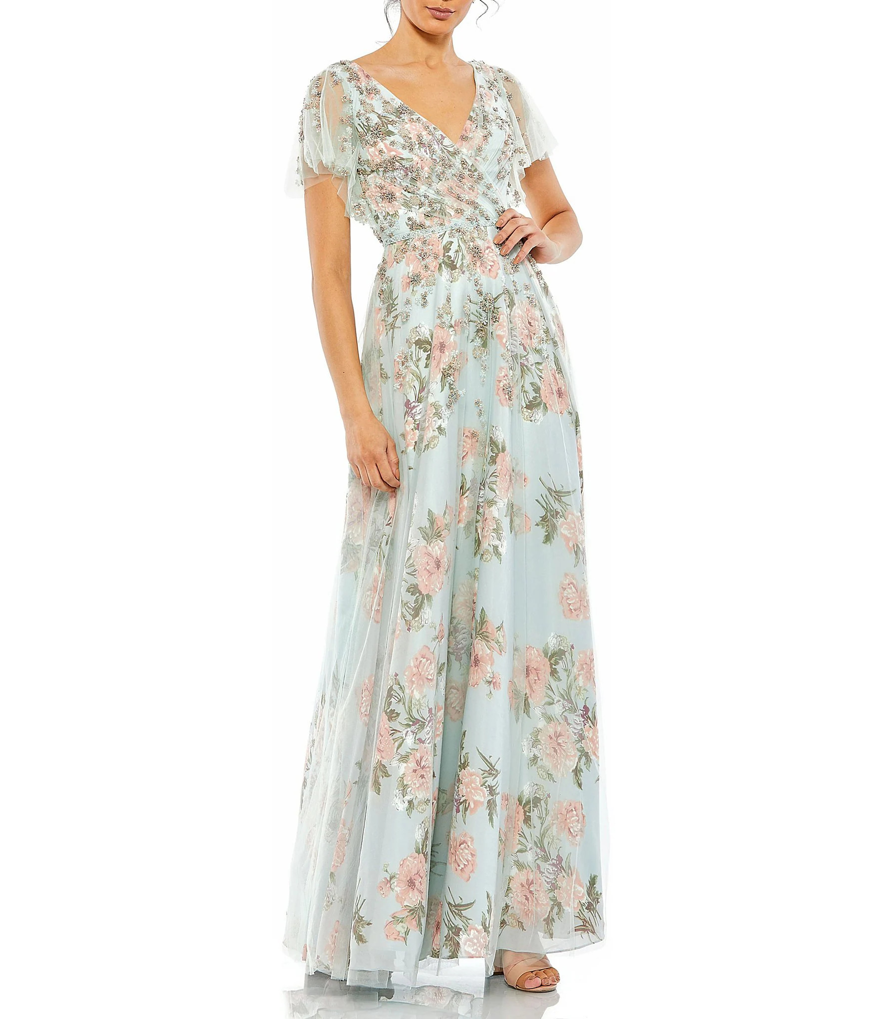 Mac Duggal Floral Surplice V-Neck Short Flutter Sleeve A-Line Gown | Dillard's | Dillard's