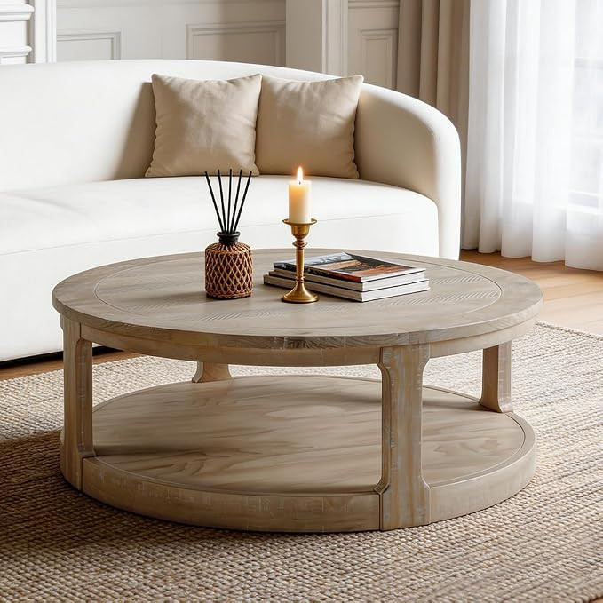 40" Round Coffee Table with Wheels, Circle 2 Tier Solid Wood Center Coffee Table, Mid Century Ret... | Amazon (US)
